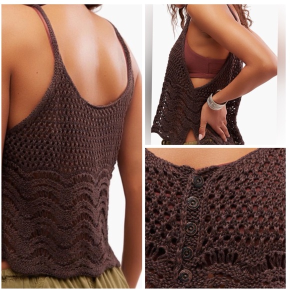 Free People NWT Boho Summer Breeze Open Knit Linen Blend  Scoop Neck Camisole M - Picture 3 of 14